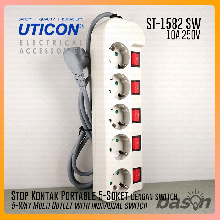 UTICON ST1582SW Power Extension - Stop Kontak 5Lubang 1.5Meter Arde dengan individual switch