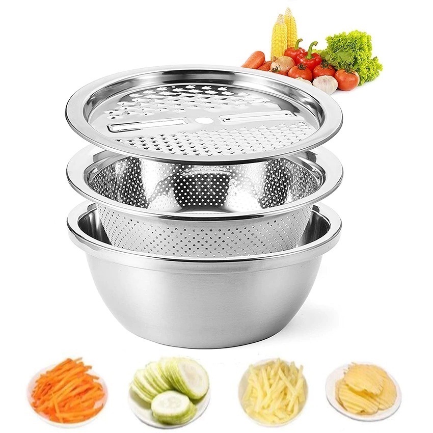 Baskom  Stainless 3 in 1 Parutan Baskom Saringan Cuci Sayur Stainless (3pcs)