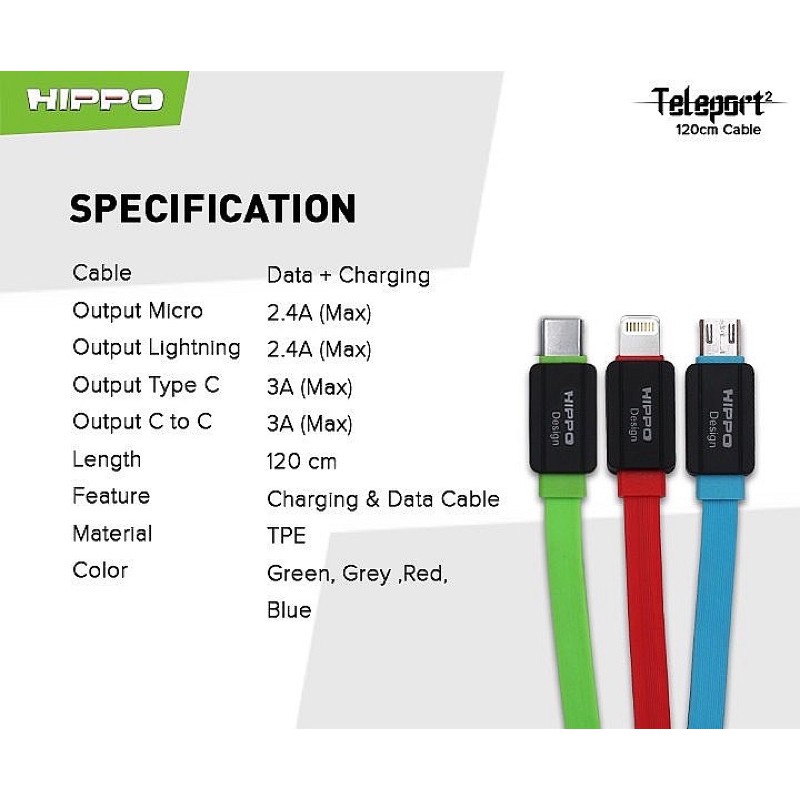 HIPPO KABEL DATA TELEPORT2 IPHONE TO C 30cm/USB TO IPHONE 30cm/USB TO IPHONE 120cm/USB TO TYPE-C 120cm/USB TO MICRO 120cm 2.4A