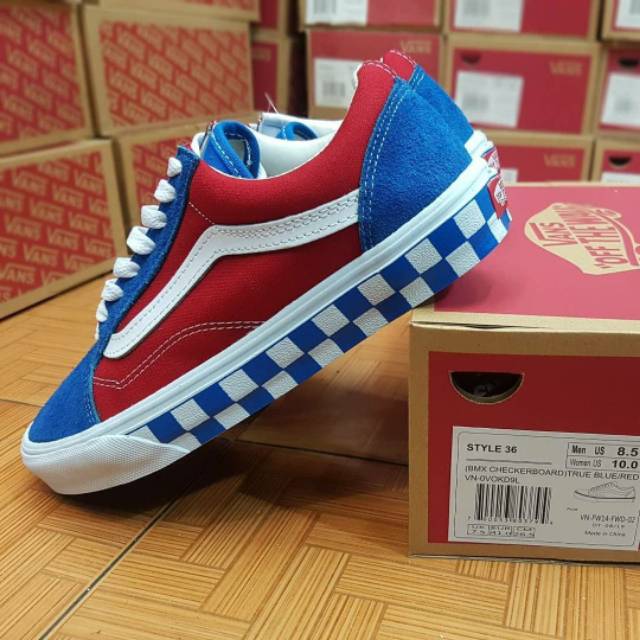 vans style 36 bmx red white & blue checkerboard skate shoes