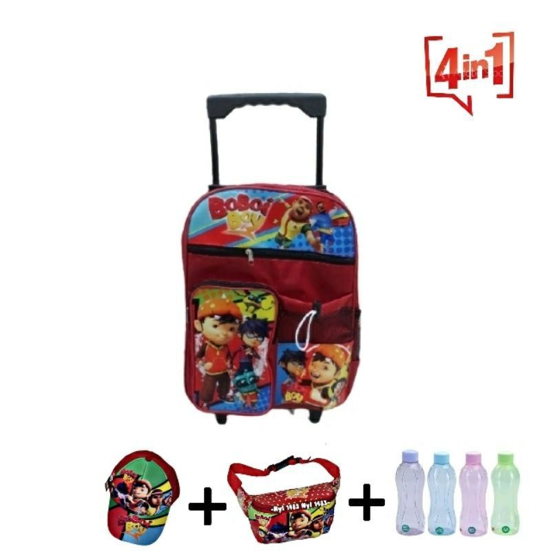 Paket Hemat 3 in1 Tas Ransel Troli Boboiboy Free Botol Minum/ Tas Waistbag Dan Topi Boboiboy/Tas Ransel TRoli Dorong Sekolah TK-SD