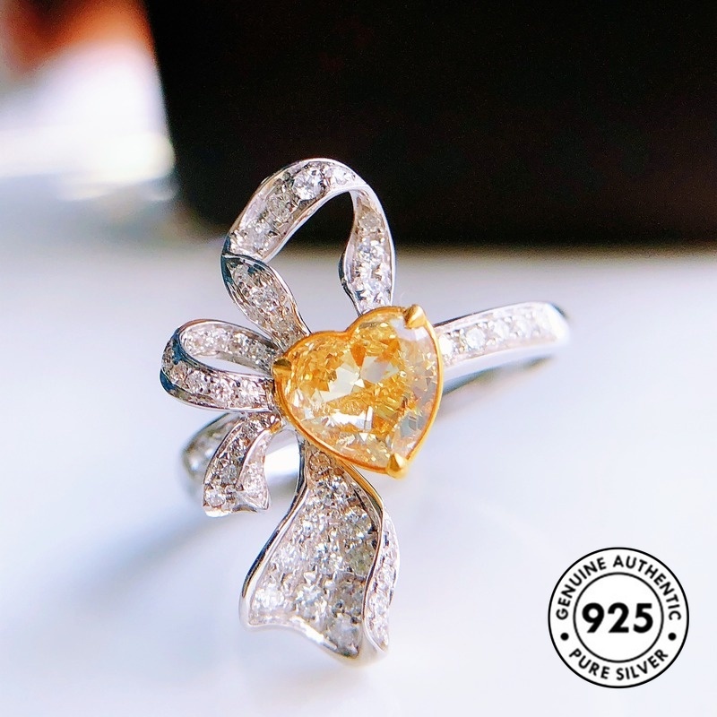 Cincin S925 Silver Bentuk Hati Aksen Berlian Warna Kuning