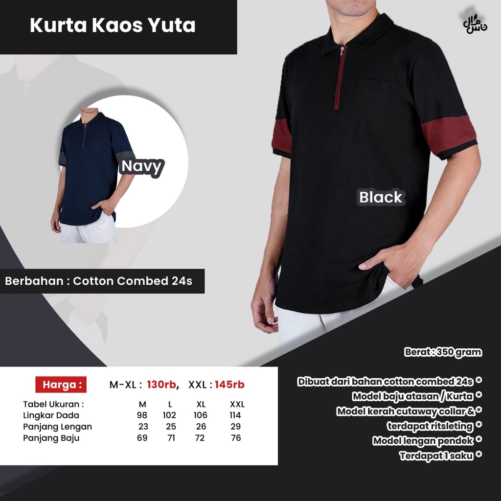 Kurta Kaos Pria Koko Navy Koko Hitam Dewasa Lengan Pendek Bahan Kaos Catton Combed GRATIS PECI