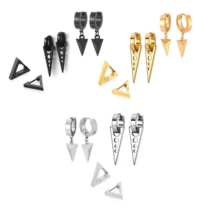 Siy 3 Pasang / Set Anting Tusuk Bentuk Segitiga Bahan Stainless Steel Untuk Pria / Wanita