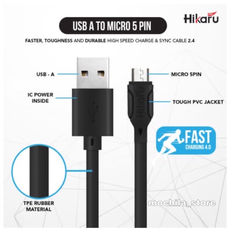 Kabel Data Fast Charging USB Micro 5 Pin - Dura Fast 2.4A - Fast Charger - 1 Meter - Hikaru