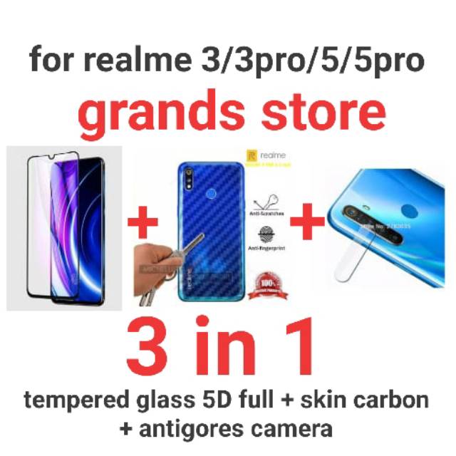 (3in1)Tempered glass full+skin carbon+lensa camera Realme C11/C12/C15/C2/C3/3/3pro/5i/5s/5/5pro/A52