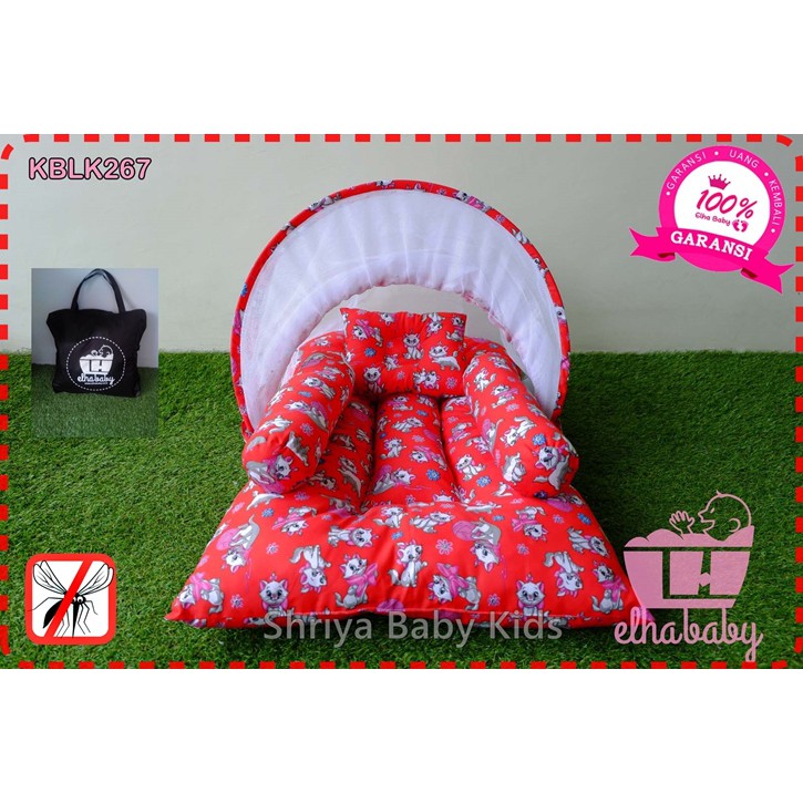 Kasur Baby Motif Cats Lover | Tempat Tidur Bayi Elhababy Murah Set Bantal Guling Kelambu Lepasan