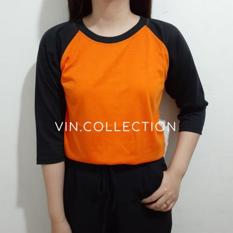 Kaos polos raglan 3/4 pria wanita - orange kombinasi hitam