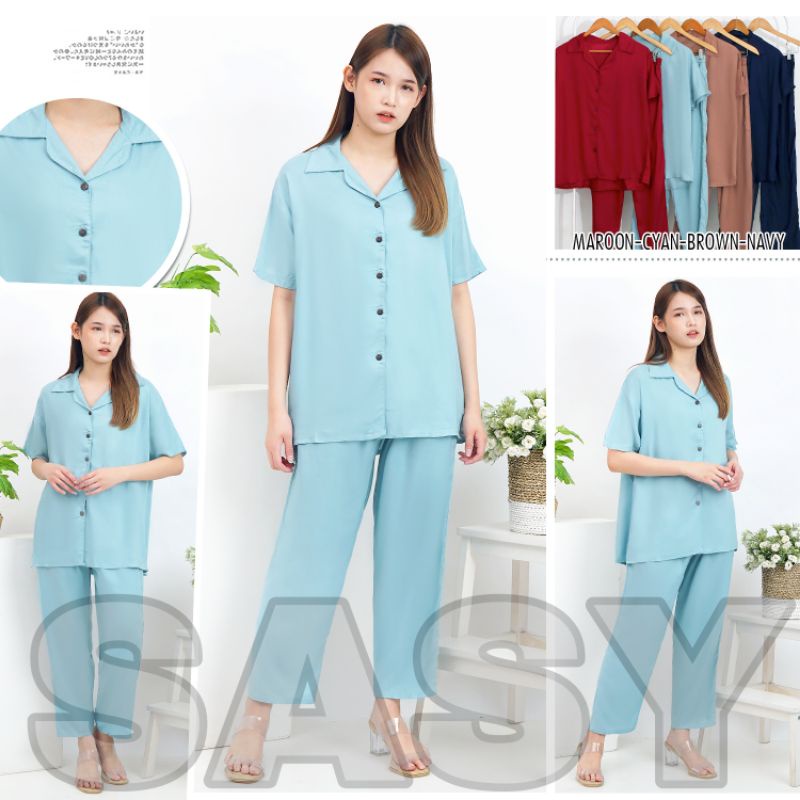 COD SETELAN BUSUI RAYON / SETELAN WANITA LENGAN PENDEK / BAJU TIDUR DEWASA / RAYON TWILL / SET KEMEJA POLOS