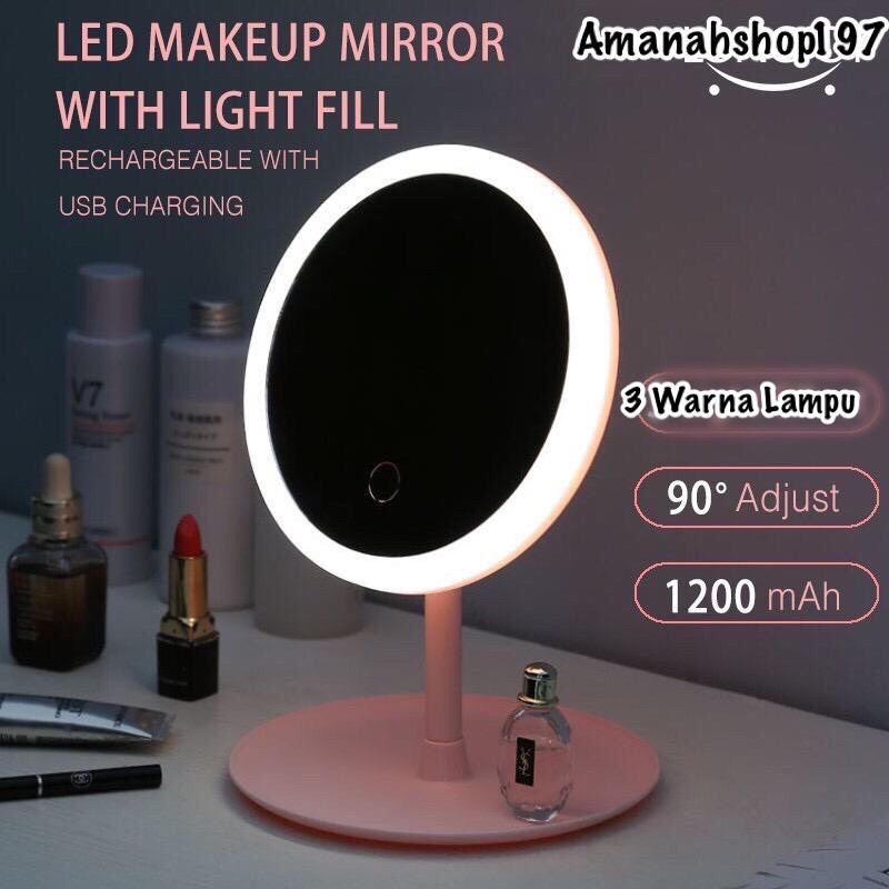 AS1826 Cermin Rias LED Layar Sentuh 3 KALI PENGATURAN LAMPU / Cermin Makeup Bulat Led / Cermin LED Makeup Portable