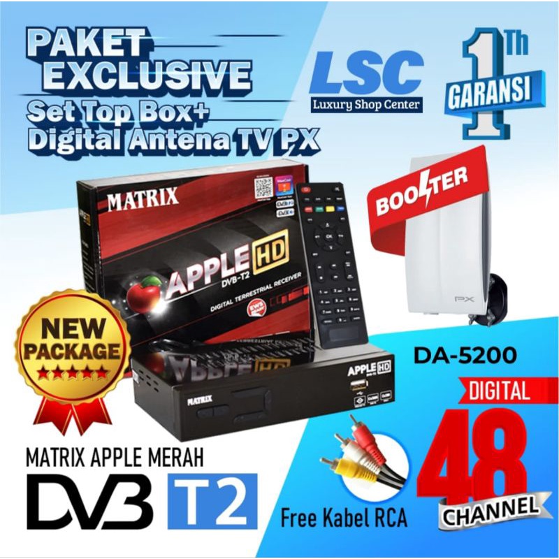 Set Top Box  STB DVB T2 Paket Receiver TV Matrix Apple + Antena Digital PX 5200 PAKET BUNDLING