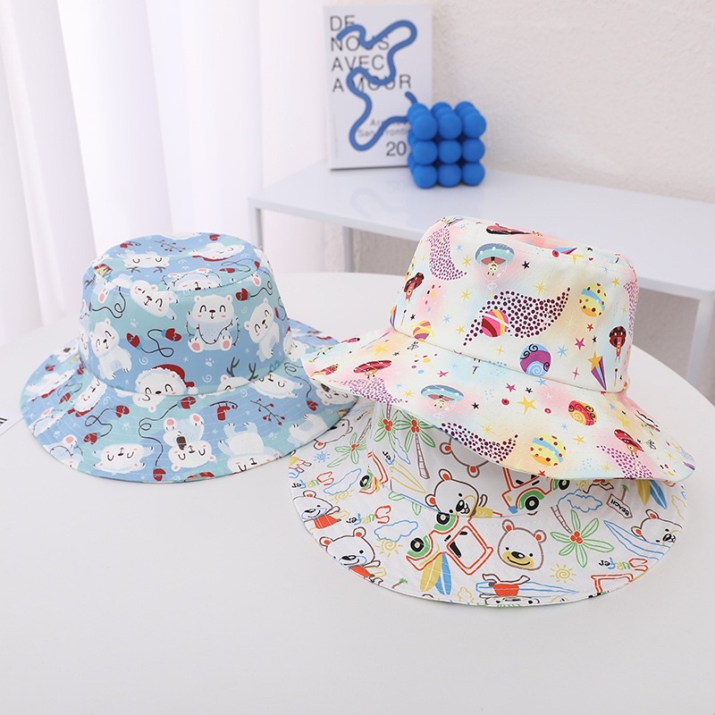 3 4 5 tahun Topi Bucket Anak Import Unisex Motif Pastel Tali Serut dan Tali Dagu