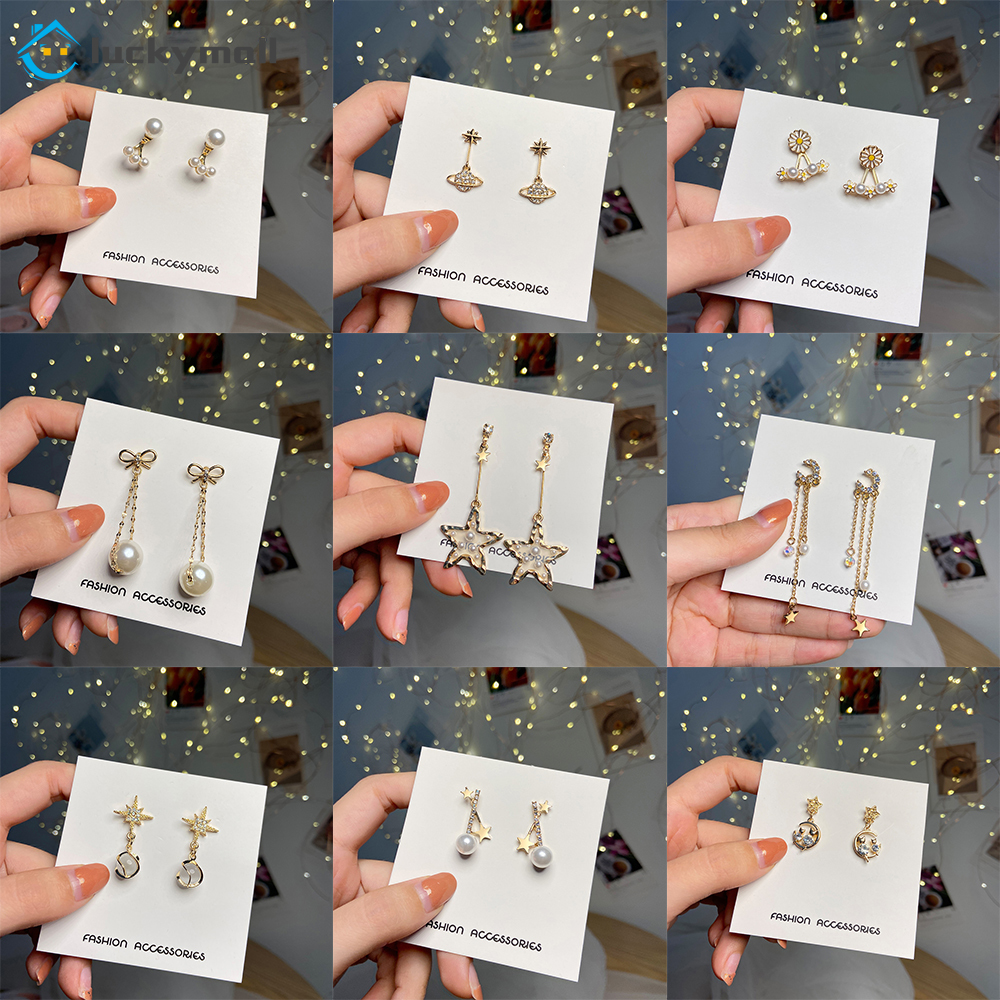 Anting Drop Desain Bulan Bintang Aksen Mutiara Gaya Korea Untuk Wanita