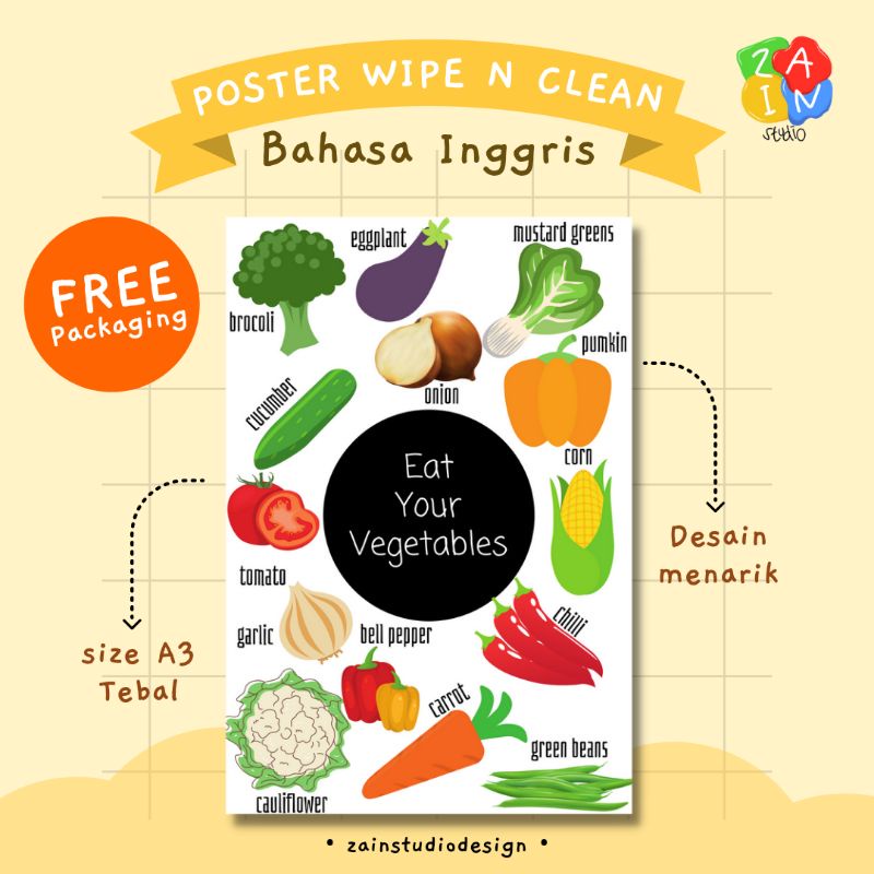 POSTER ANAK SERI SAYUR (BAHASA INGGRIS) - POSTER BELAJAR EDUKASI TK PAUD