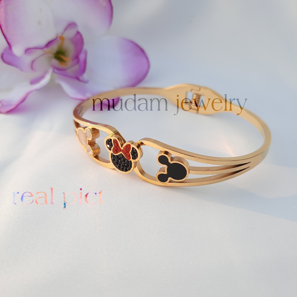 Gelang Bangle Titanium Three Minnie Love Tersedia Warna Rosegold, Gold dan Silver