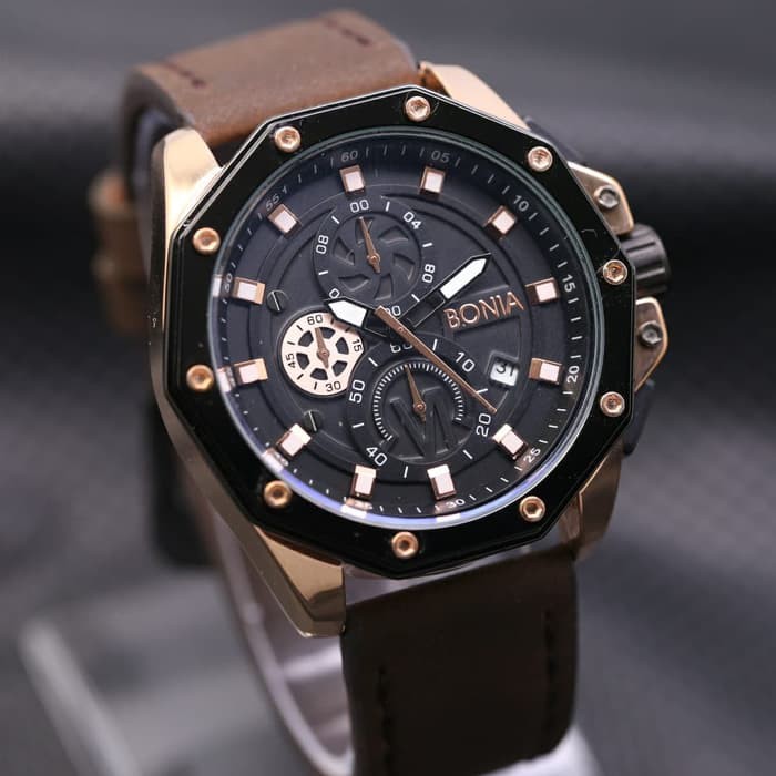 Jam Tangan Pria / Cowok Bonia Chrono Sk7244 Leather Brown Rosegold