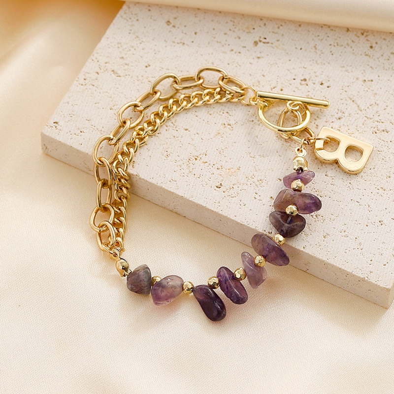 Gelang Tangan Wanita Manik Batu Amethyst Kristal Turmalin Ungu Hias Bunga