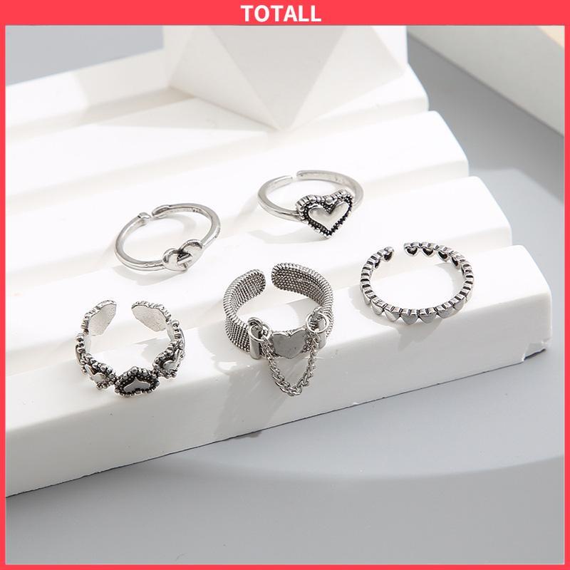 COD Cincin Cinta Terbuka Retro Sederhana Kreatif 5-piece Set Cincin Jari Telunjuk Berongga-Totall