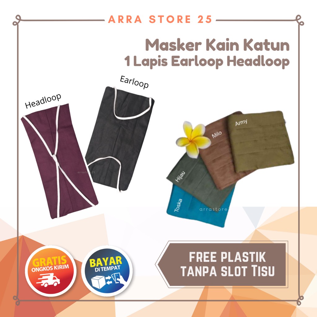 Masker Kain Katun 1 Lapis Kain Earloop dan Headloop (hijab) Ready Stock