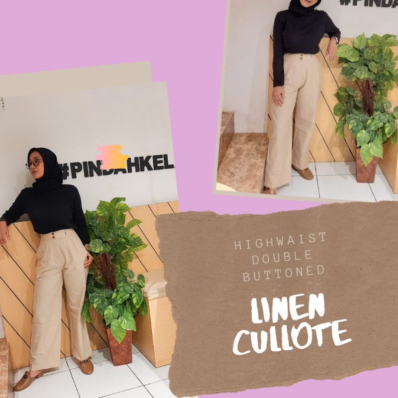 Celana Kulot Linen/ Highwaist double buttoned// Warna Khaki