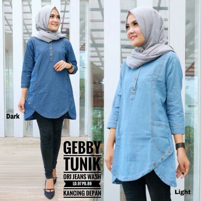 atasan blouse muslim  helby key dark jeans wash denim kekinian  keysha