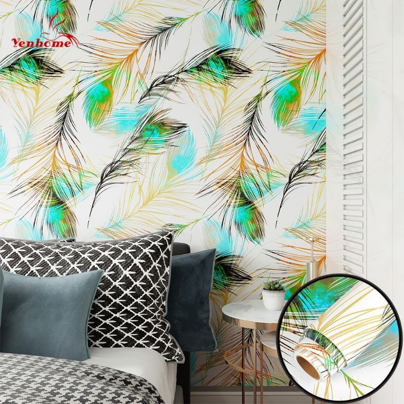 Wallpaper Stiker Dinding Motif Bulu Merak Warna Putih Kombinasi Krem Hijau Kuning Cocok Untuk Dekora