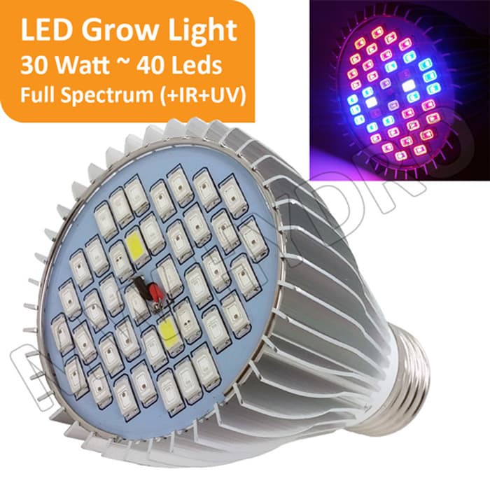 Led Grow Light - 30 Watt - 40 Led - Full Spectrum (+IR +UV) [LGL007]