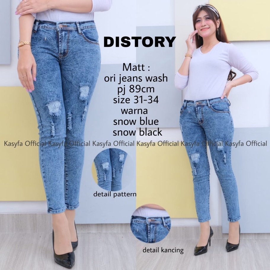 DISTORY CELANA JEANS SOBEK SNOW WANITA // RIPPED JEANS SNOW PANJANG