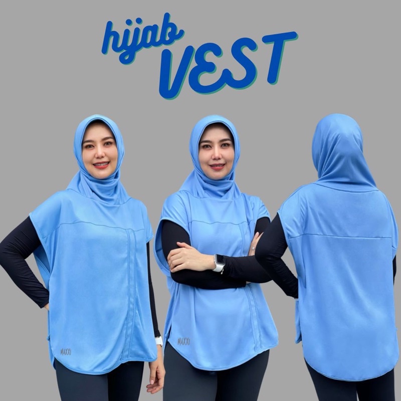 READY Hijab Baby Blue Instan Pad Tegak Jilbab Sporty Rompi Hijab Vest Olahraga Instan Kerudung Biru 