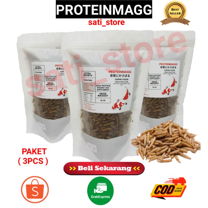 PAKET 3PCS Maggot Kering Merk Proteinmagg 80gr pakan/makanan ikan koi Terbaik