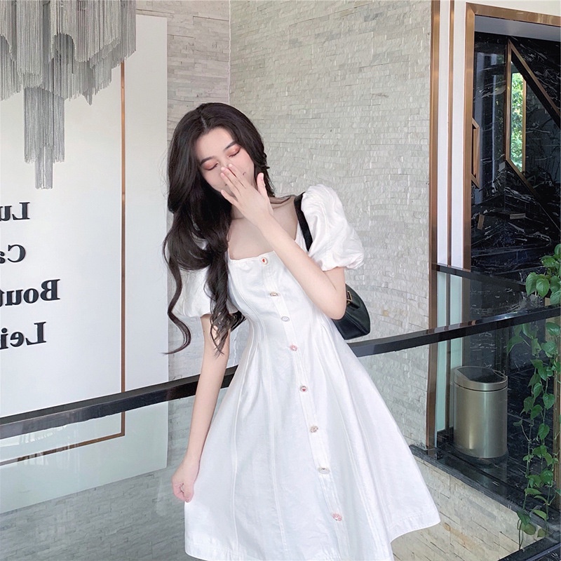 #Sisjuly# Dress Lengan Puff Niche Prancis Putih Wanita