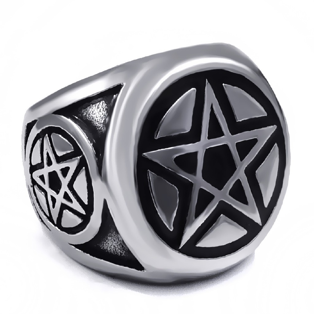 SEUSUK Punk Steel Ring Band Wicca Magic Pentagram Pentacle Star Biker Jewelry