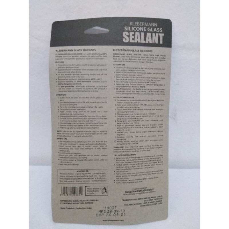 Lem Silikon Kaca Silicone Glass Sealent Bening Klebermann 35 gram Serbaguna Bisa Untuk Akuarium