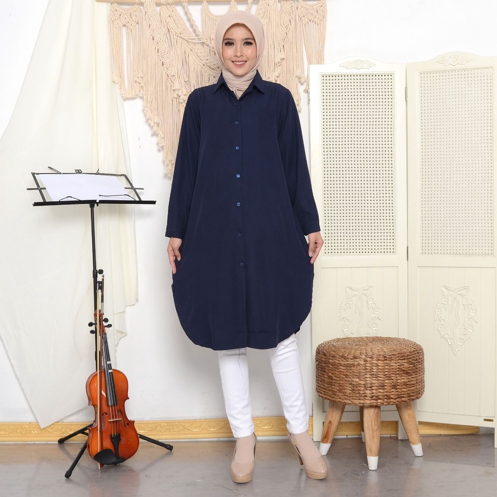 Long Tunik Oval Kemeja Kancing Lengan Panjang