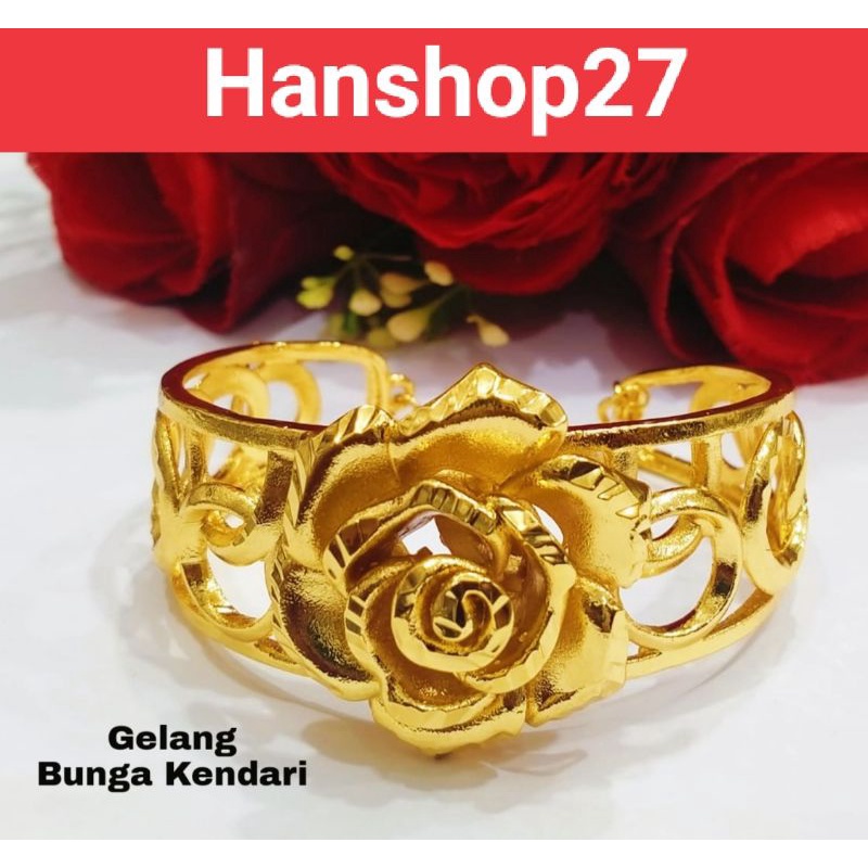 GELANG TANGAN WANITA DEWASA MOTIF BUNGGA UKIR JUMBO LAPIS EMAS 24 K ANTI KARAT TERBARU DARI RO-27 GELANG TANGAN TITANIUM MOTIF BUNGA UKIR JUMBO