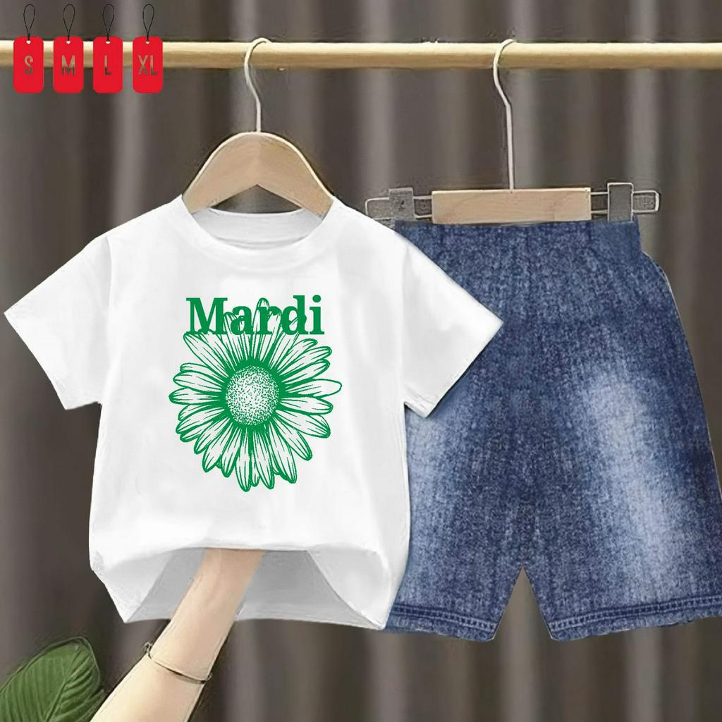 Setelan Kaos Anak Bunga MARDl /oneset Celana Semi jeans Size S,M,L,XL