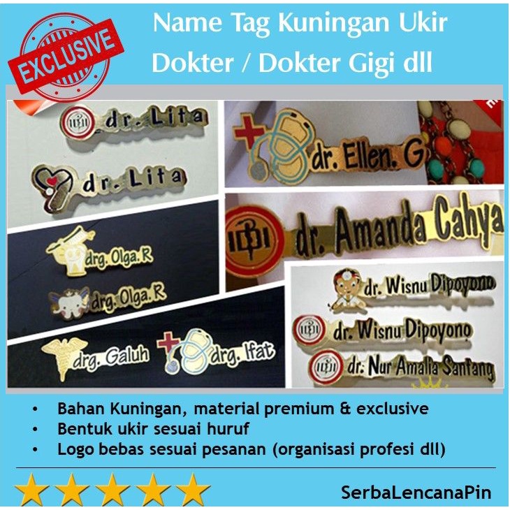 Name Tag Kuningan Bentuk Ukir dengan Peniti - Name Tag Dokter - Dokter Gigi - Profesi - Bentuk Sesua