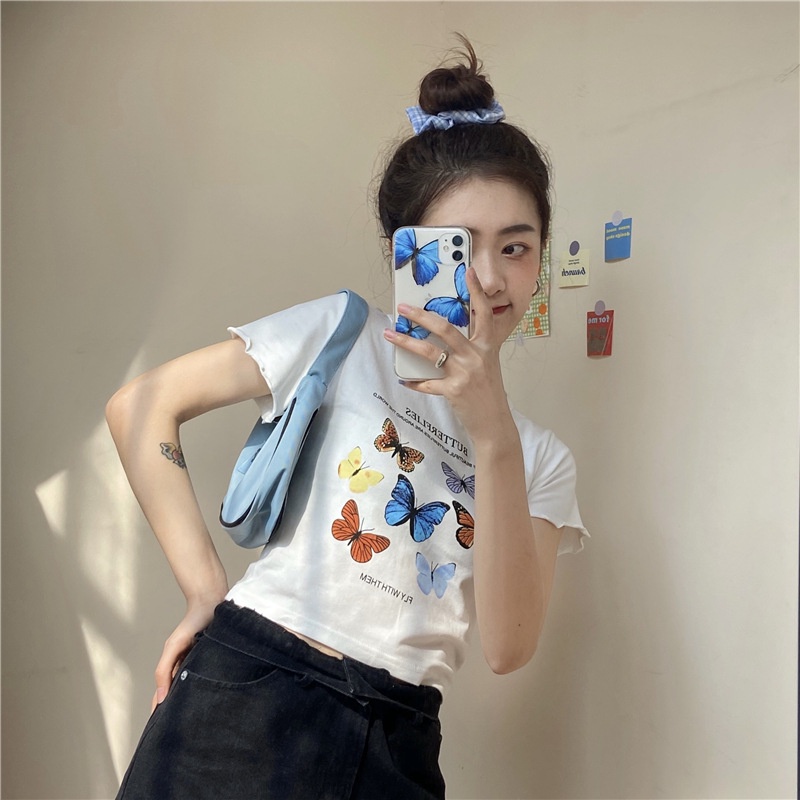 MOOGU ♡ Print crop top kaos wanita t-shirt lengan pendek atasan baju wanita