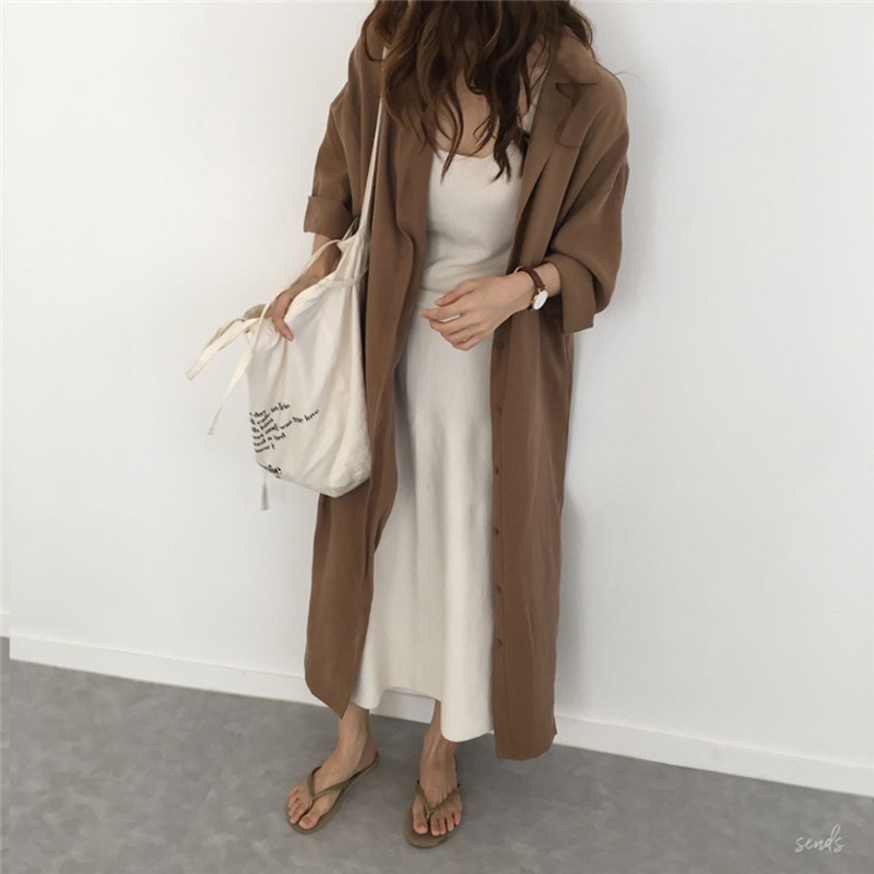 Korea fashion retro minimalis warna solid maxi Dress Kemeja lengan panjang wanita