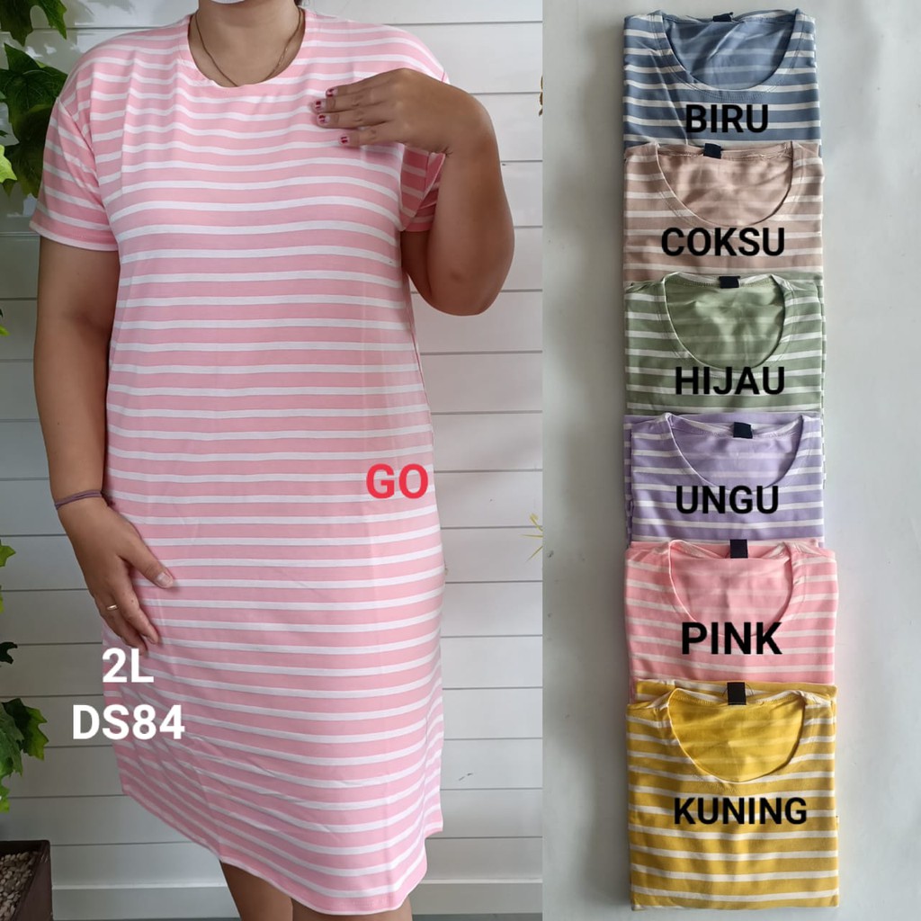 gof DS LMN JUMBO DRESS/DASTER Wanita Casual Motif Garis Salur Pakaian Perempuan Lengan Pendek