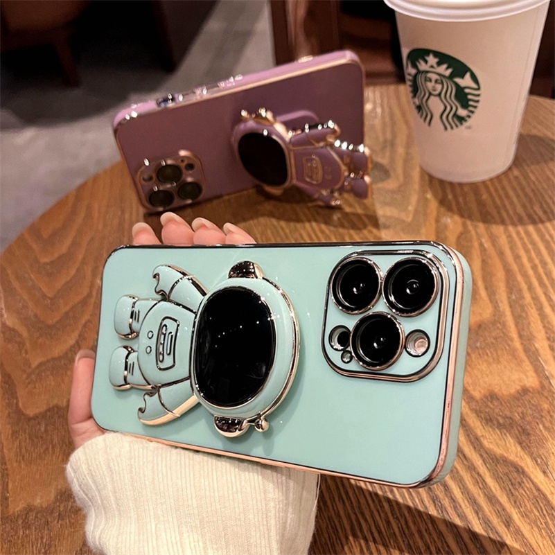 Soft Case Silikon Motif Mobile Phone Cases Astronauts With Stand Compatible for iPhone 13 12 11 Pro Max X Xr Xs Max SE 2020 8 7 Plus Plating electric camera Protective Soft Silicone Shockproof Phone Case