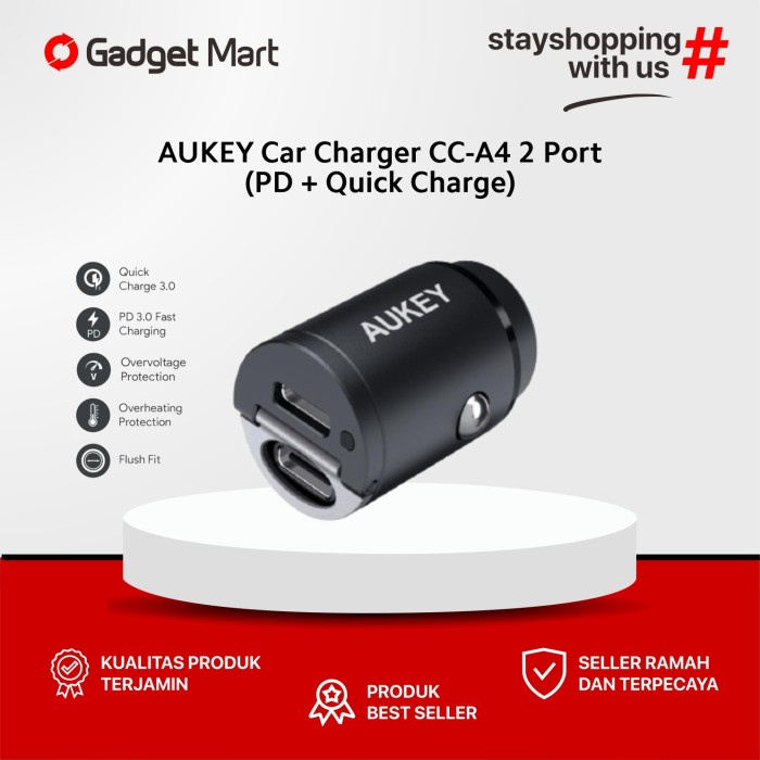 AUKEY Car Charger CC-A4 2 Port (PD + Quick Charge)