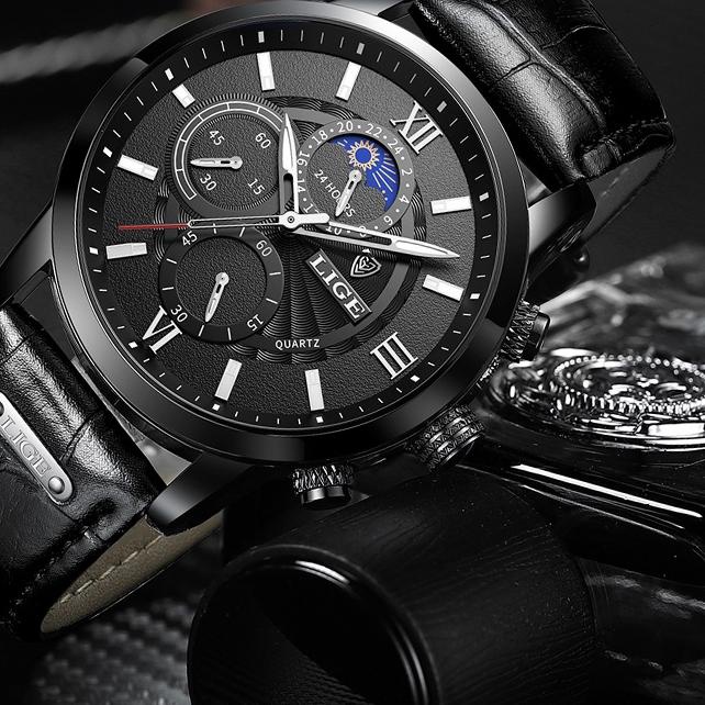 Quality Control✅LIGE 2022 terbaru original jam tangan pria tali kulit anti air olahraga kronograf jam tangan + kotak|RA7