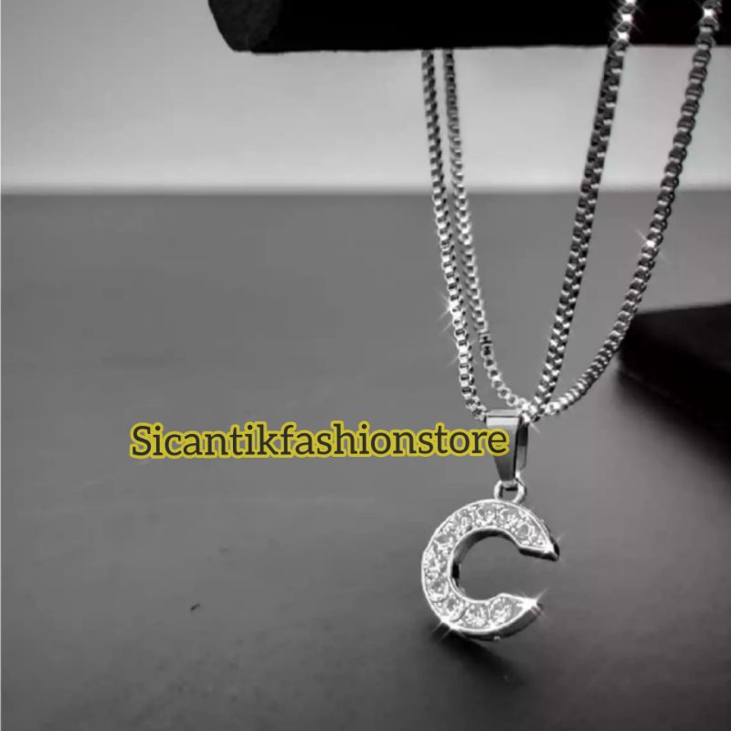 Kalung Titanium Liontin Huruf C Silver Fashion Wanita Pria Terlaris Anti Karat Tidak Luntur Mewah