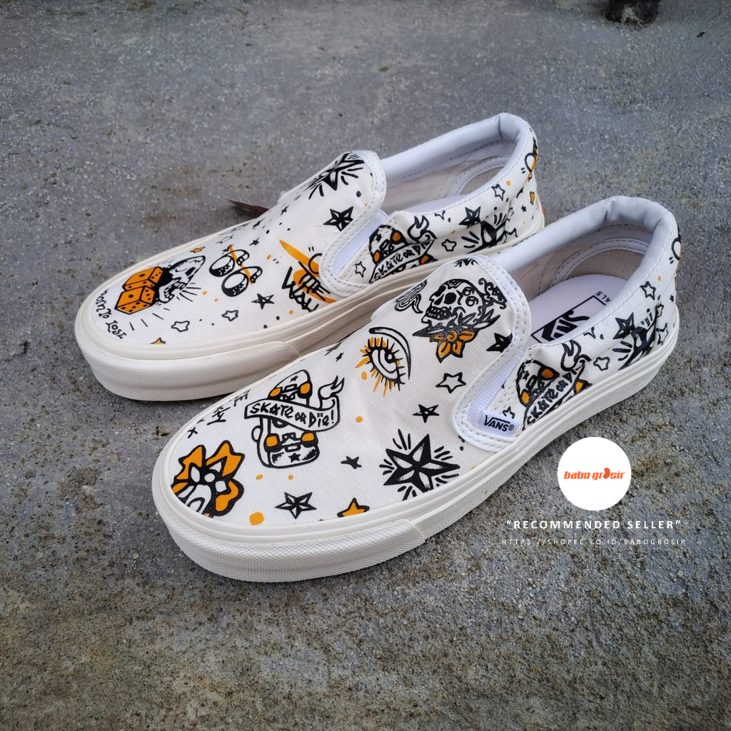 PROMO Sepatu Vans Slip On U-Color Tattoo True White Premium Import Quality, Harga Termurah, Kualitas Terbaik