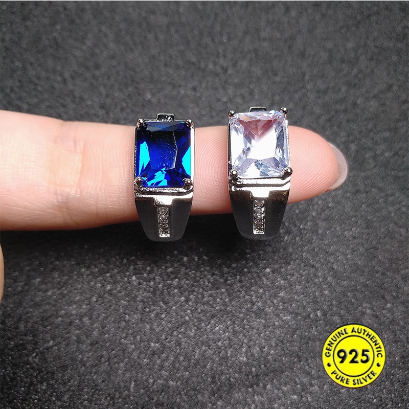 Cincin Model Terbuka Adjustable Bahan S925 Silver Sapphire Untuk Pasangan