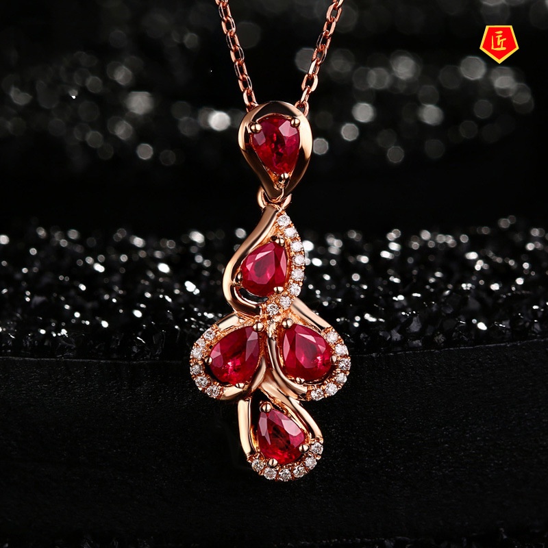 [Ready Stock]Ruby Water Drop Pendant 18K Rose Gold Necklace