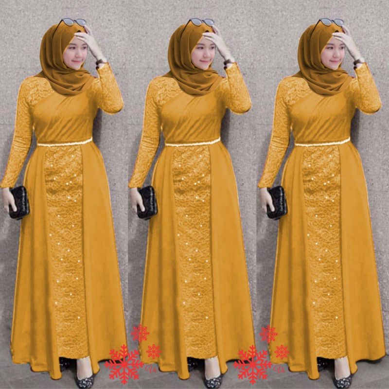 BAJU GAMIS MAXY MAXI JERSEY DRESS BRUKAT BROKAT LENGAN TANGAN PANJANG IMPORT PREMIUM UNTUK PESTA NIK