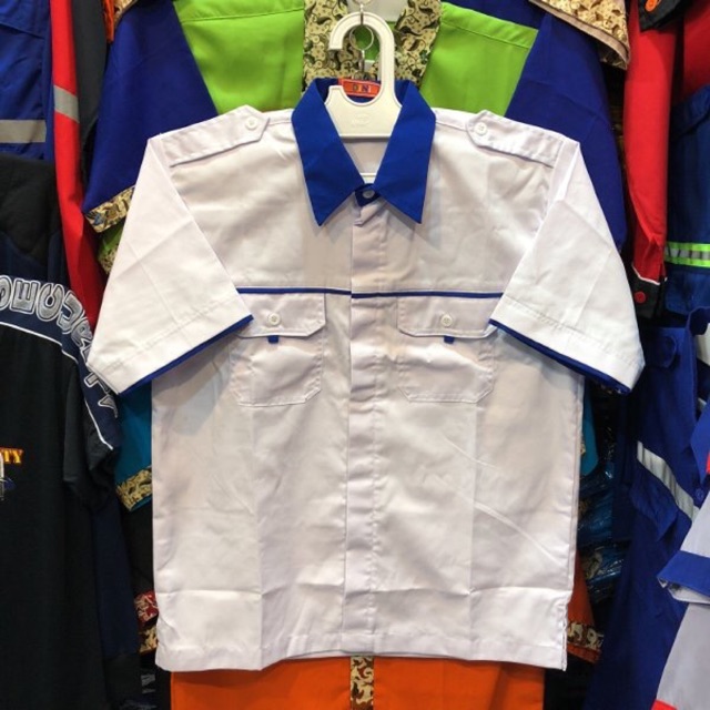 Seragam kerja putih lis biru- baju kerja kantor( bisa tambah bordir) seragam karyawan