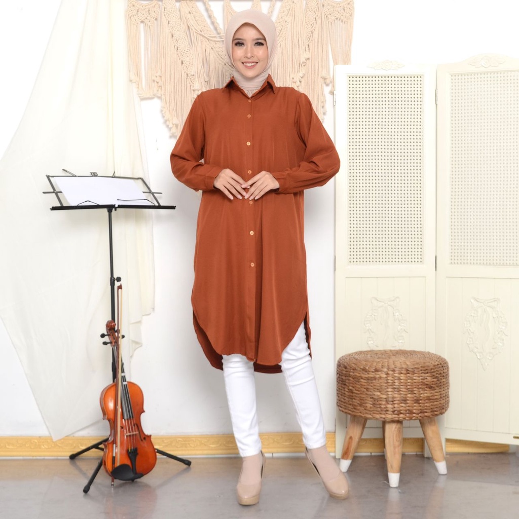 Long Tunik Oval Kemeja Kancing Lengan Panjang